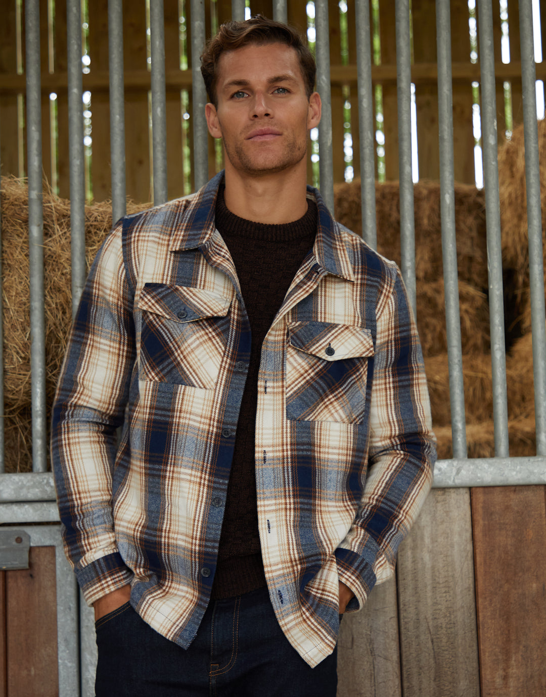 Heavy Brushed Button Up Shacket in Cream Check