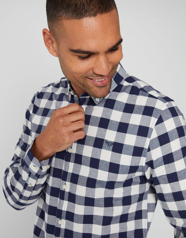 Navy Cotton Check Long Sleeve Shirt