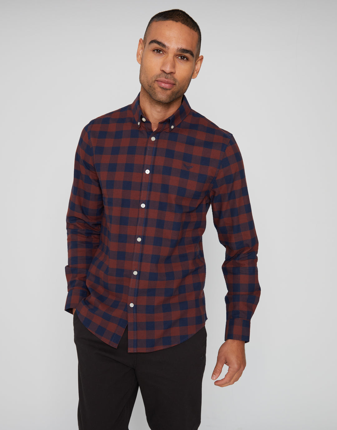 Burgundy & Navy Check Cotton Long Sleeve Shirt