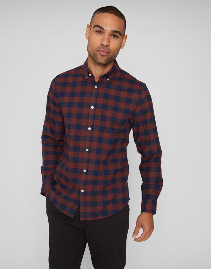 Burgundy & Navy Check Cotton Long Sleeve Shirt