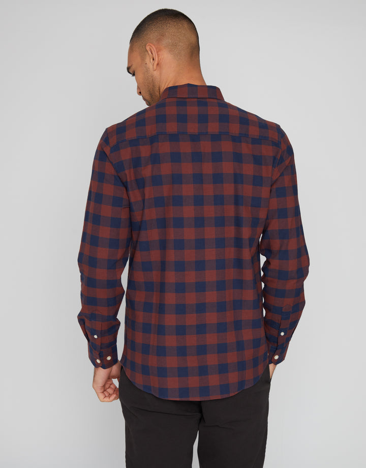 Burgundy & Navy Check Cotton Long Sleeve Shirt