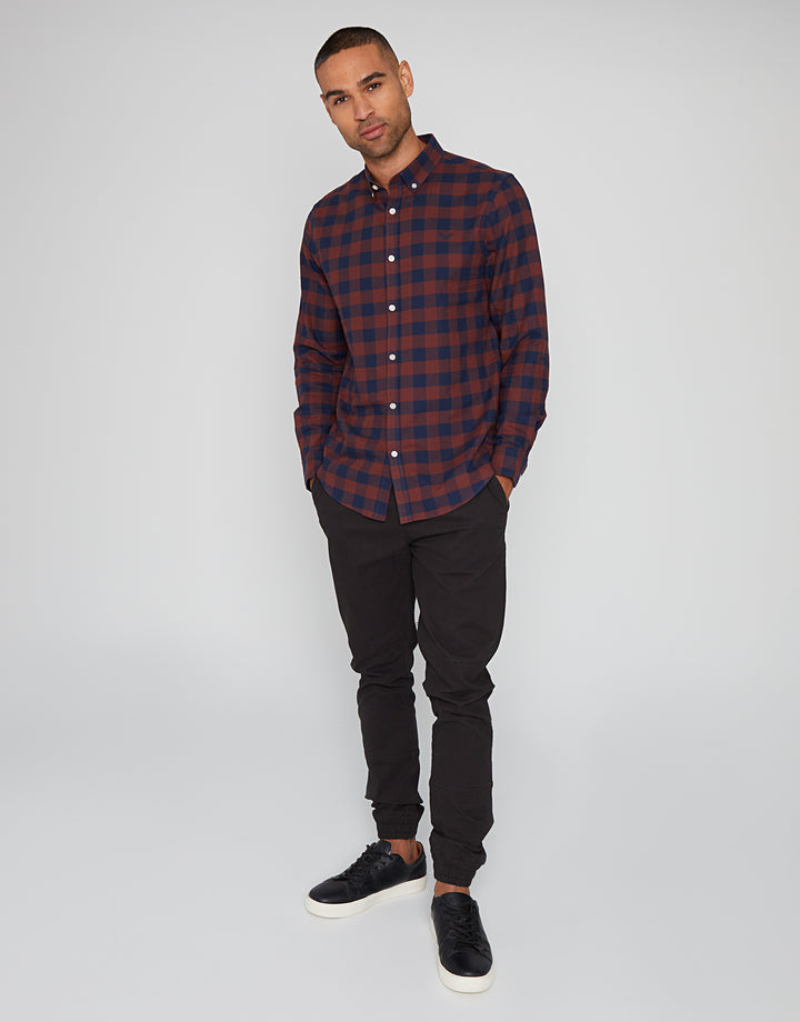 Burgundy & Navy Check Cotton Long Sleeve Shirt