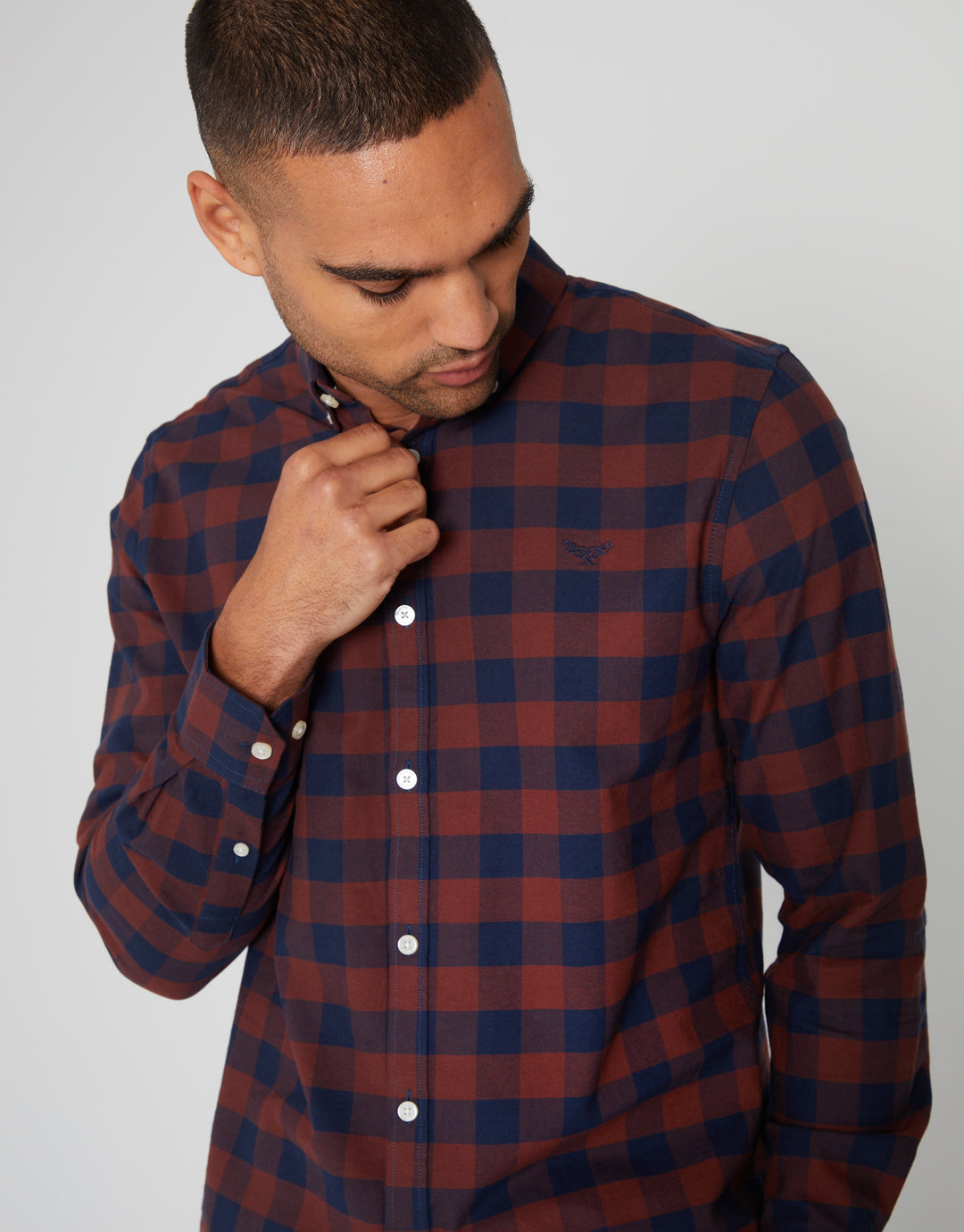 Burgundy & Navy Check Cotton Long Sleeve Shirt