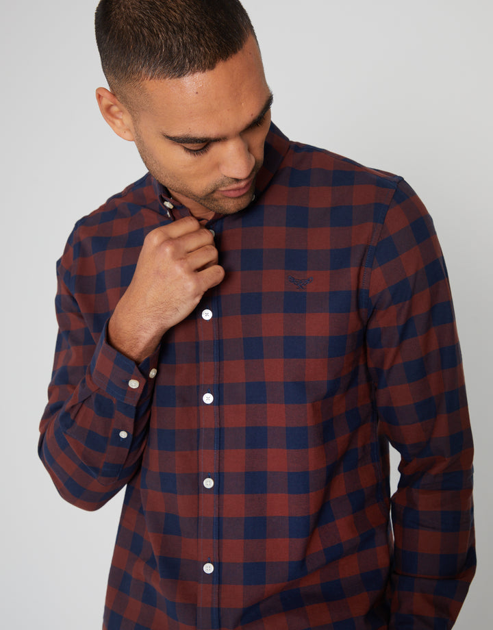 Burgundy & Navy Check Cotton Long Sleeve Shirt
