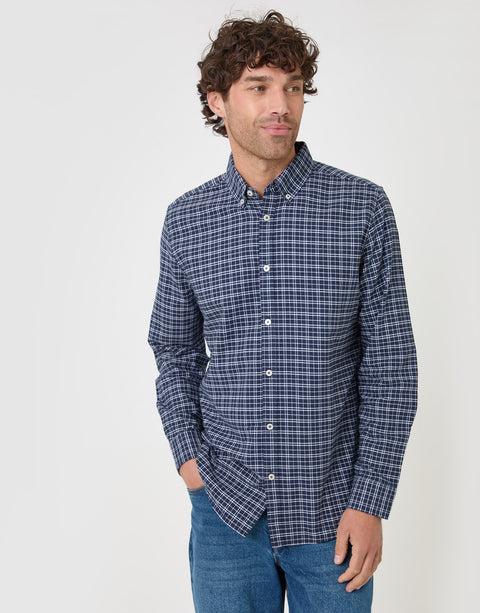Threadbare Regular Fit Cotton Oxford Shirt in Navy Check - front view