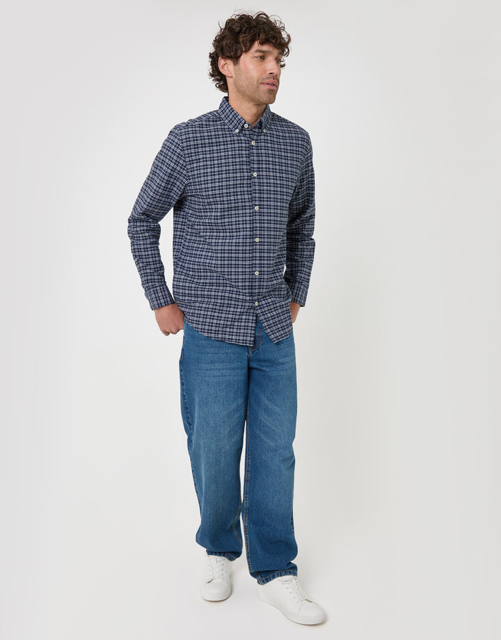 Threadbare Regular Fit Cotton Oxford Shirt in Navy Check - full body
