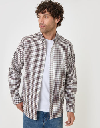 Threadbare Regular Fit Cotton Oxford Shirt in Chocolate Brown Check - front view shirt open