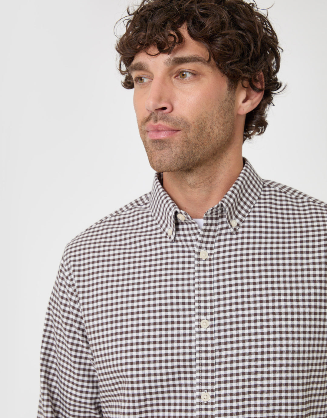 Threadbare Regular Fit Cotton Oxford Shirt in Chocolate Brown Check - close up