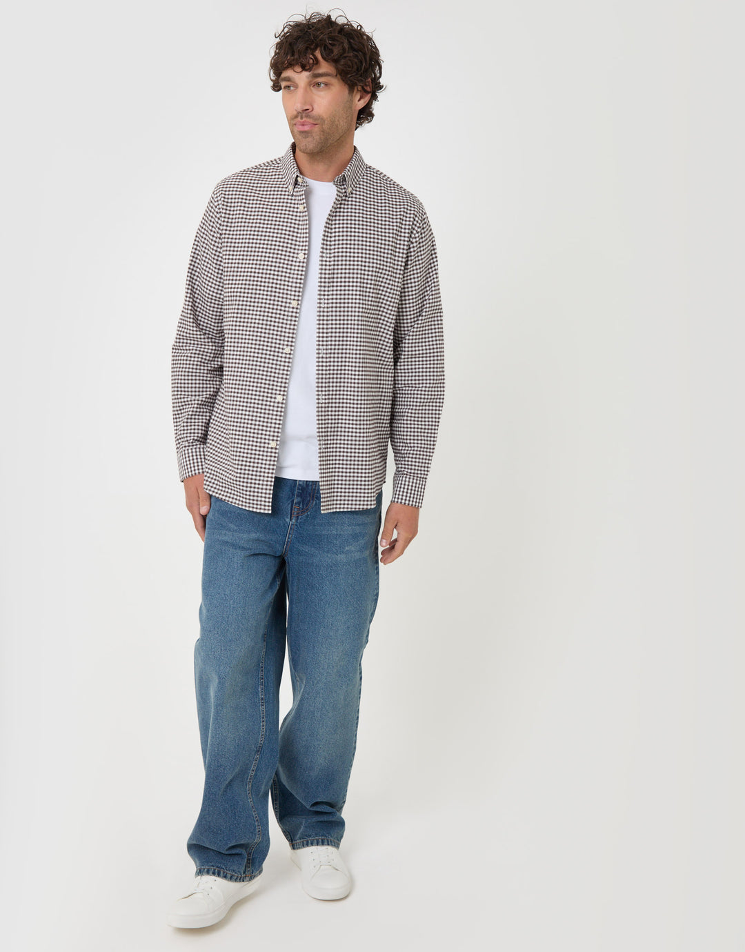 Threadbare Regular Fit Cotton Oxford Shirt in Chocolate Brown Check - full body