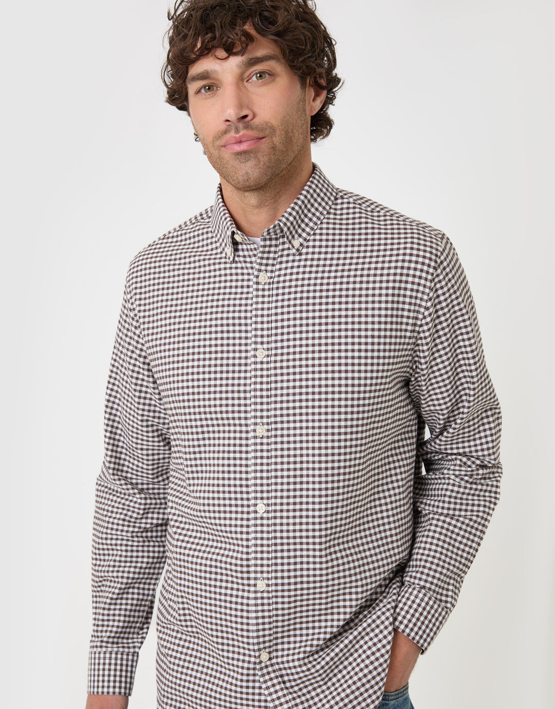 Threadbare Regular Fit Cotton Oxford Shirt in Chocolate Brown Check - front view button up