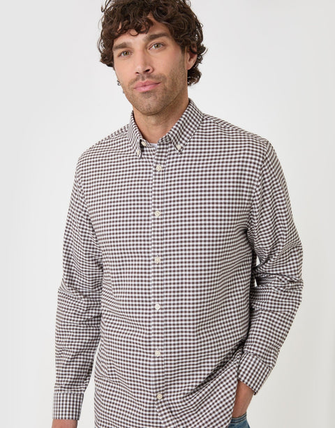 Threadbare Regular Fit Cotton Oxford Shirt in Chocolate Brown Check - front view button up