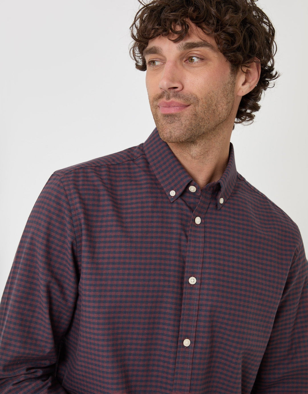 Threadbare Regular Fit Cotton Oxford Shirt in Burgundy Check - close up