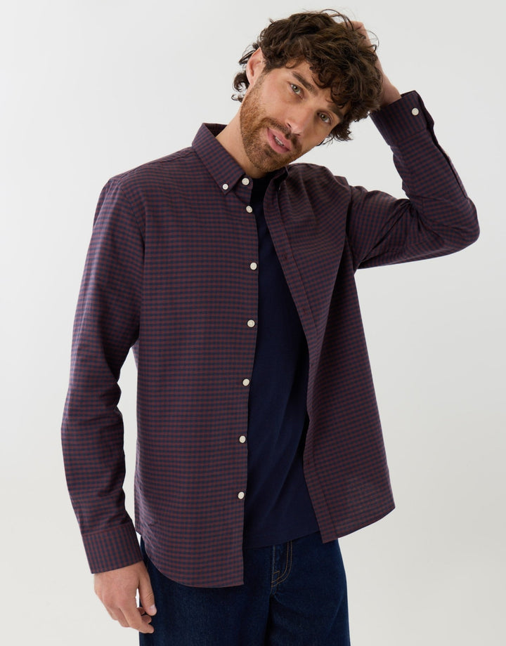 Regular Fit Cotton Oxford Shirt in Burgundy Check