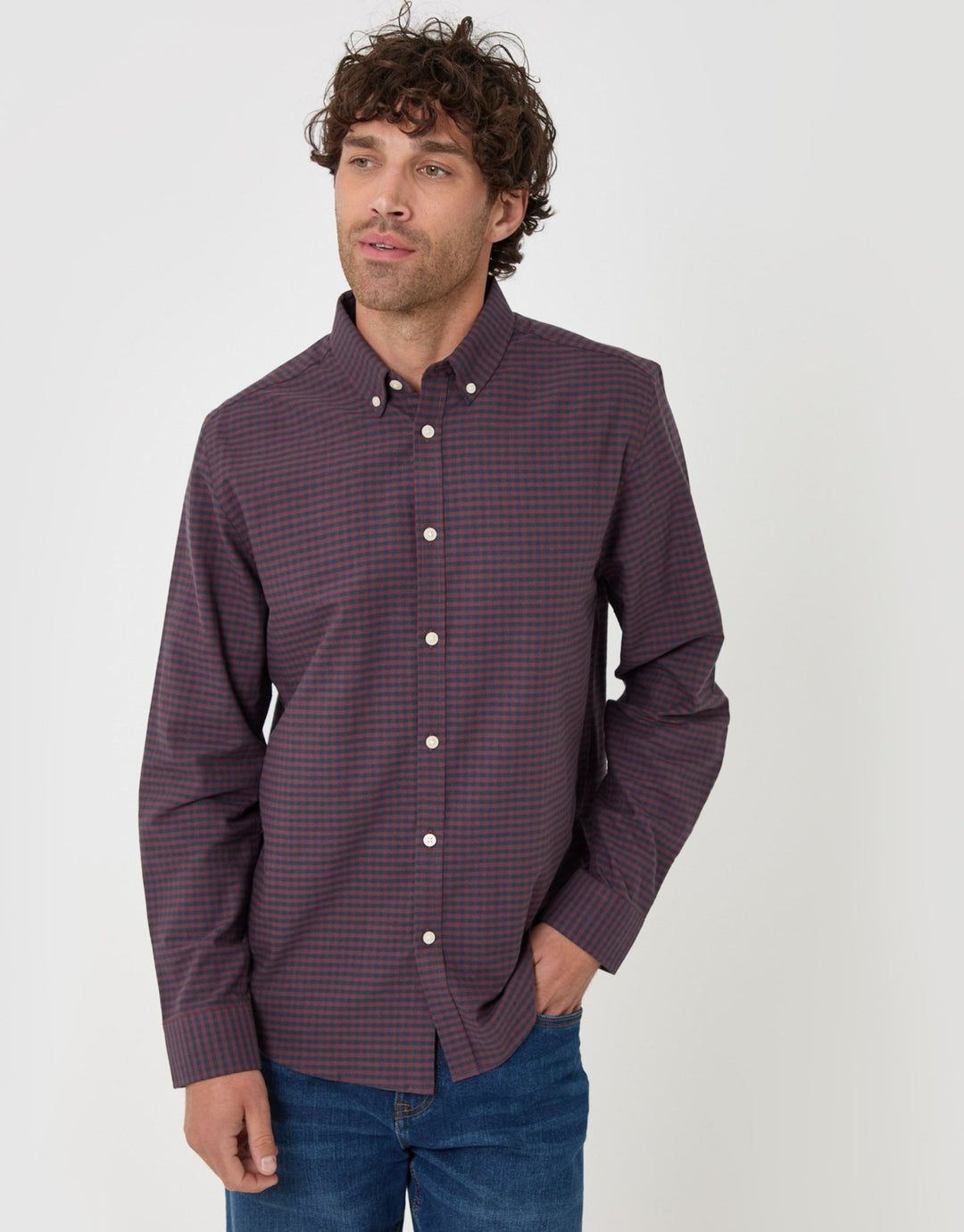 Threadbare Regular Fit Cotton Oxford Shirt in Burgundy Check - front view
