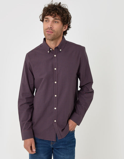 Threadbare Regular Fit Cotton Oxford Shirt in Burgundy Check - front view