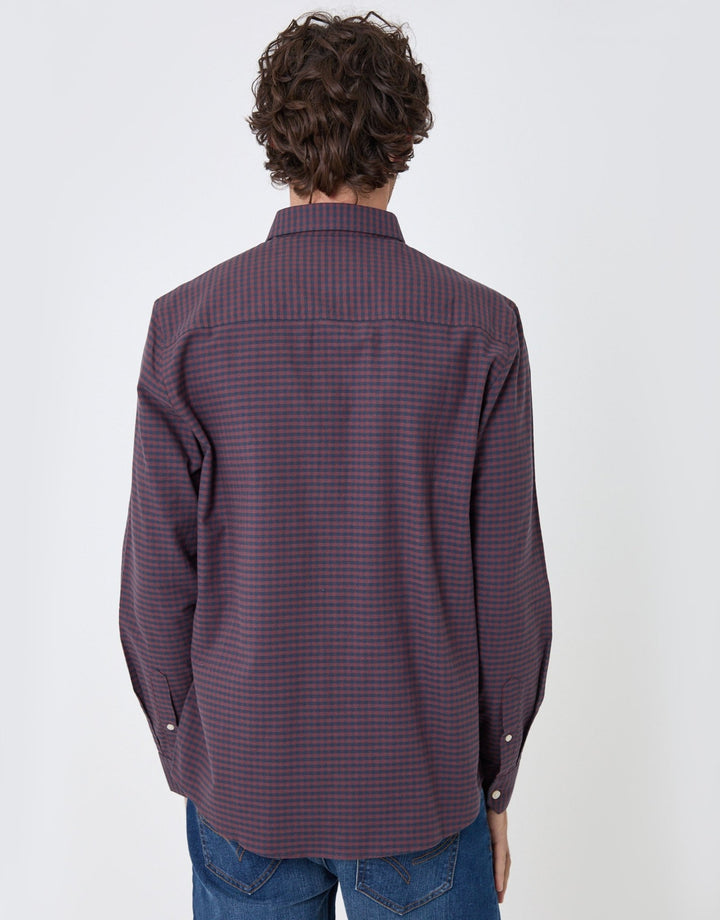 Threadbare Regular Fit Cotton Oxford Shirt in Burgundy Check - back view