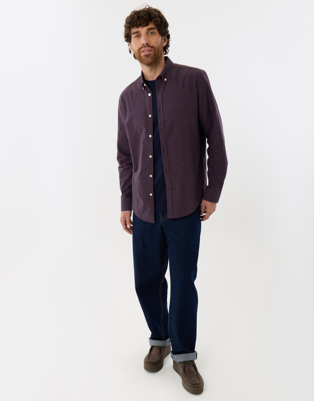 Regular Fit Cotton Oxford Shirt in Burgundy Check