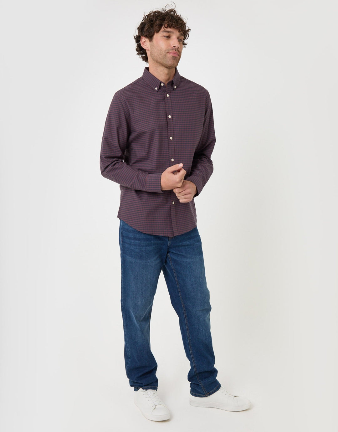 Threadbare Regular Fit Cotton Oxford Shirt in Burgundy Check - full body
