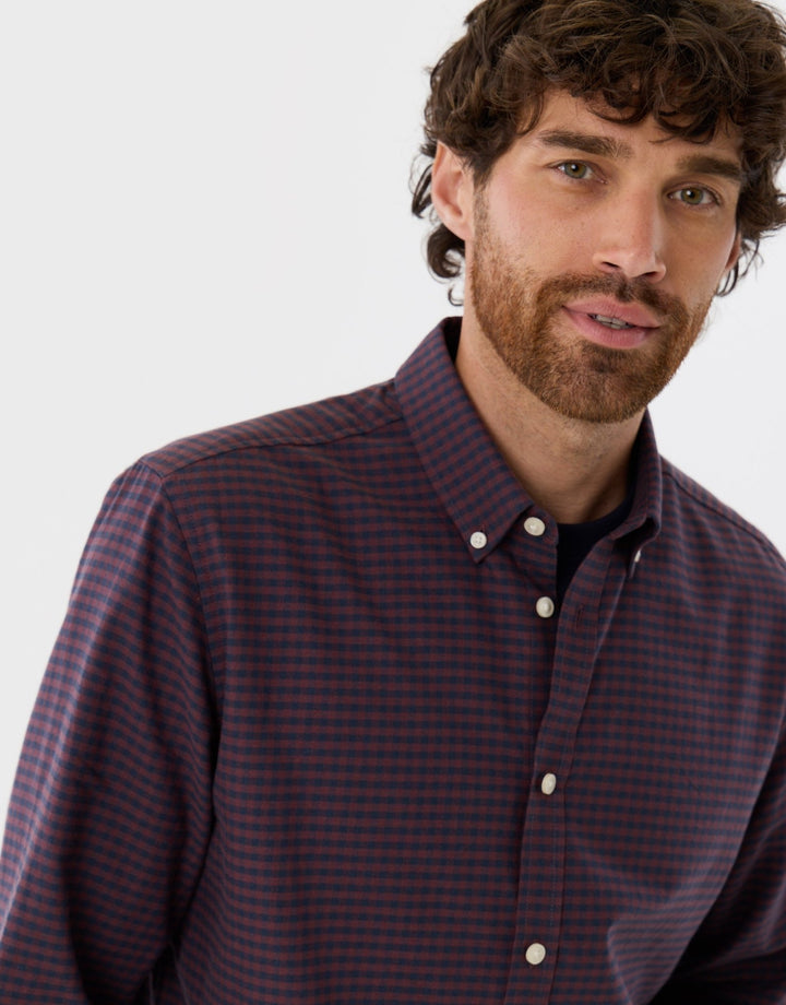 Regular Fit Cotton Oxford Shirt in Burgundy Check