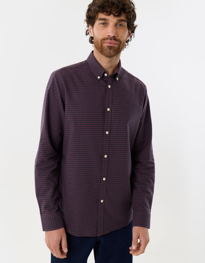 Regular Fit Cotton Oxford Shirt in Burgundy Check