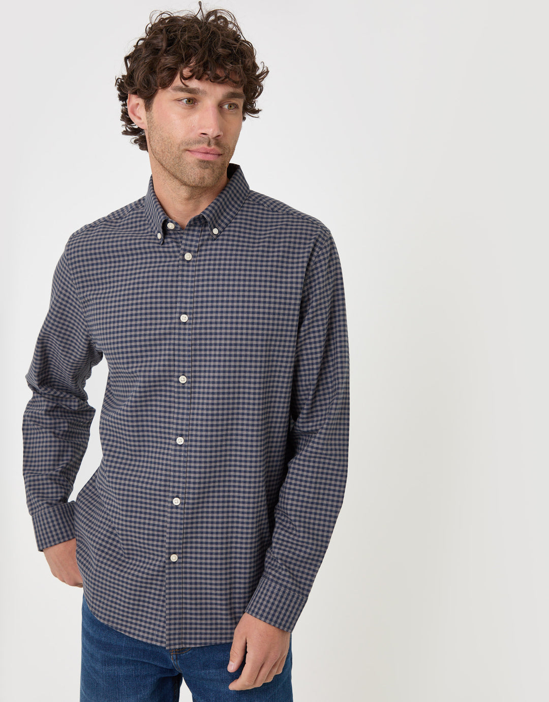 Threadbare Regular Fit Cotton Oxford Shirt in Brown Check - front view