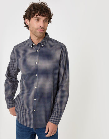 Threadbare Regular Fit Cotton Oxford Shirt in Brown Check - front view