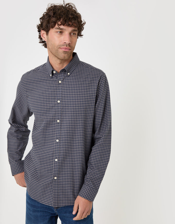 Threadbare Regular Fit Cotton Oxford Shirt in Brown Check - front view