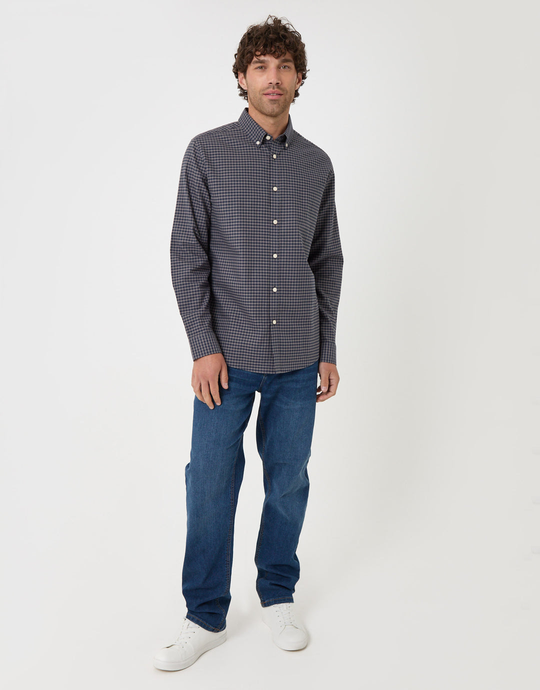 Threadbare Regular Fit Cotton Oxford Shirt in Brown Check - full body