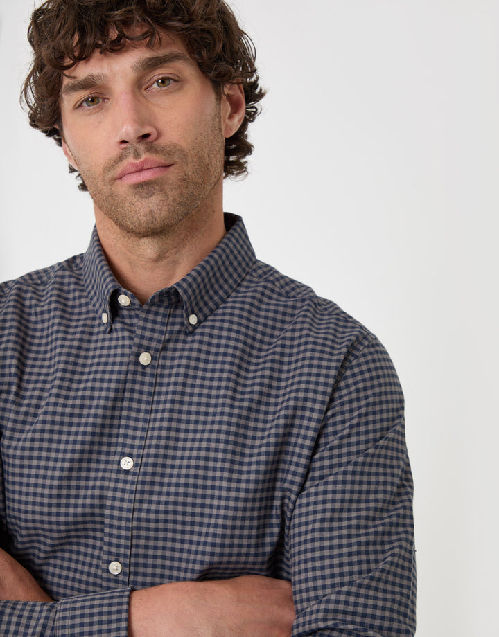 Threadbare Regular Fit Cotton Oxford Shirt in Brown Check - close up