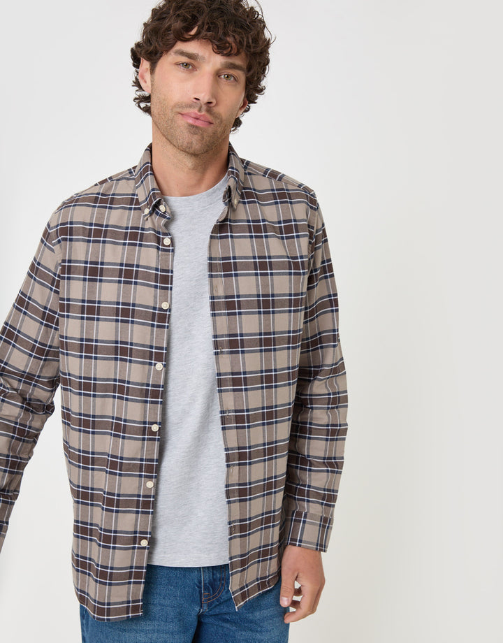 Threadbare Regular Fit Cotton Oxford Shirt in Taupe Check - front view