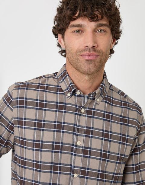 Threadbare Regular Fit Cotton Oxford Shirt in Taupe Check - close up