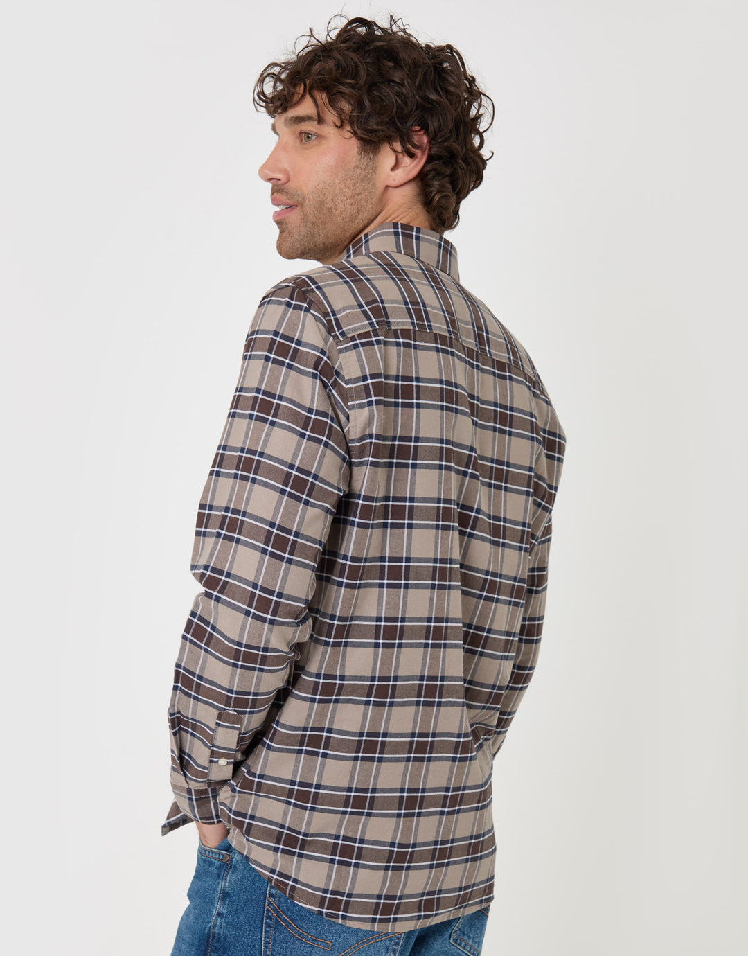 Threadbare Regular Fit Cotton Oxford Shirt in Taupe Check - back view
