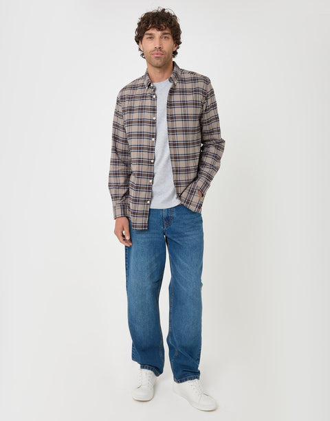 Threadbare Regular Fit Cotton Oxford Shirt in Taupe Check - full body