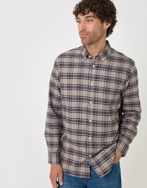 Threadbare Regular Fit Cotton Oxford Shirt in Taupe Check - front view button up