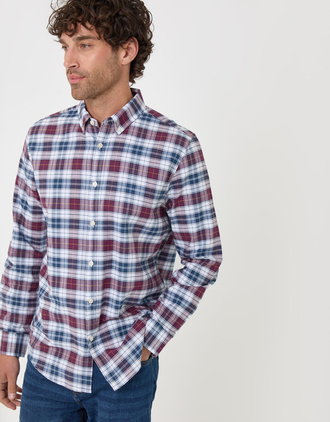 Threadbare Regular Fit Cotton Oxford Shirt in Red Check - front view