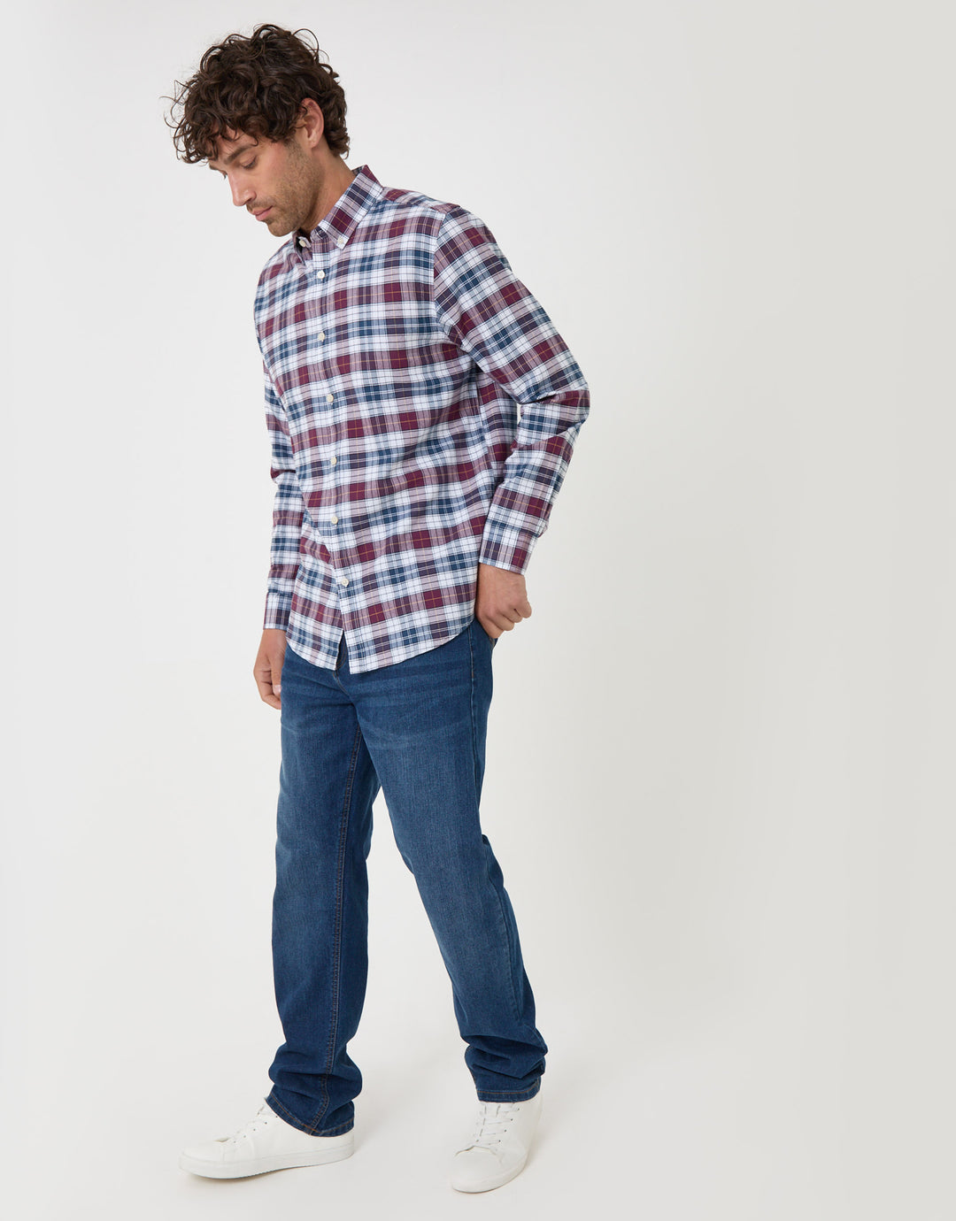 Threadbare Regular Fit Cotton Oxford Shirt in Red Check - full body
