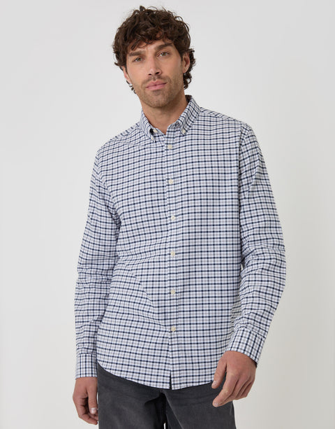 Threadbare Regular Fit Cotton Oxford Shirt in Grey Check - front view