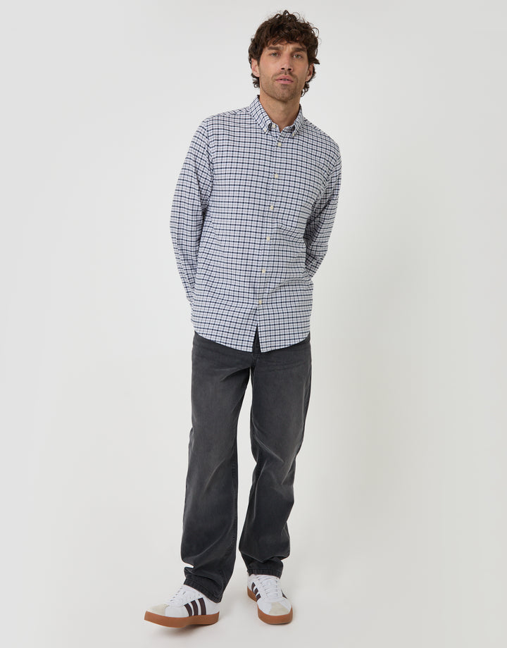 Threadbare Regular Fit Cotton Oxford Shirt in Grey Check - full body