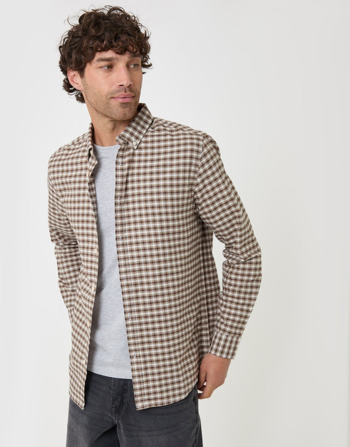 Threadbare Regular Fit Cotton Oxford Shirt in Tan Check - front view