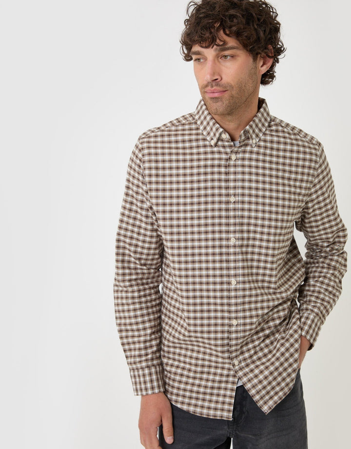 Threadbare Regular Fit Cotton Oxford Shirt in Tan Check - front view button up