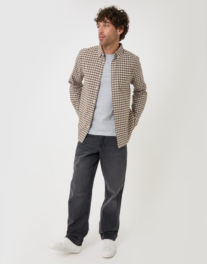 Threadbare Regular Fit Cotton Oxford Shirt in Tan Check - full body