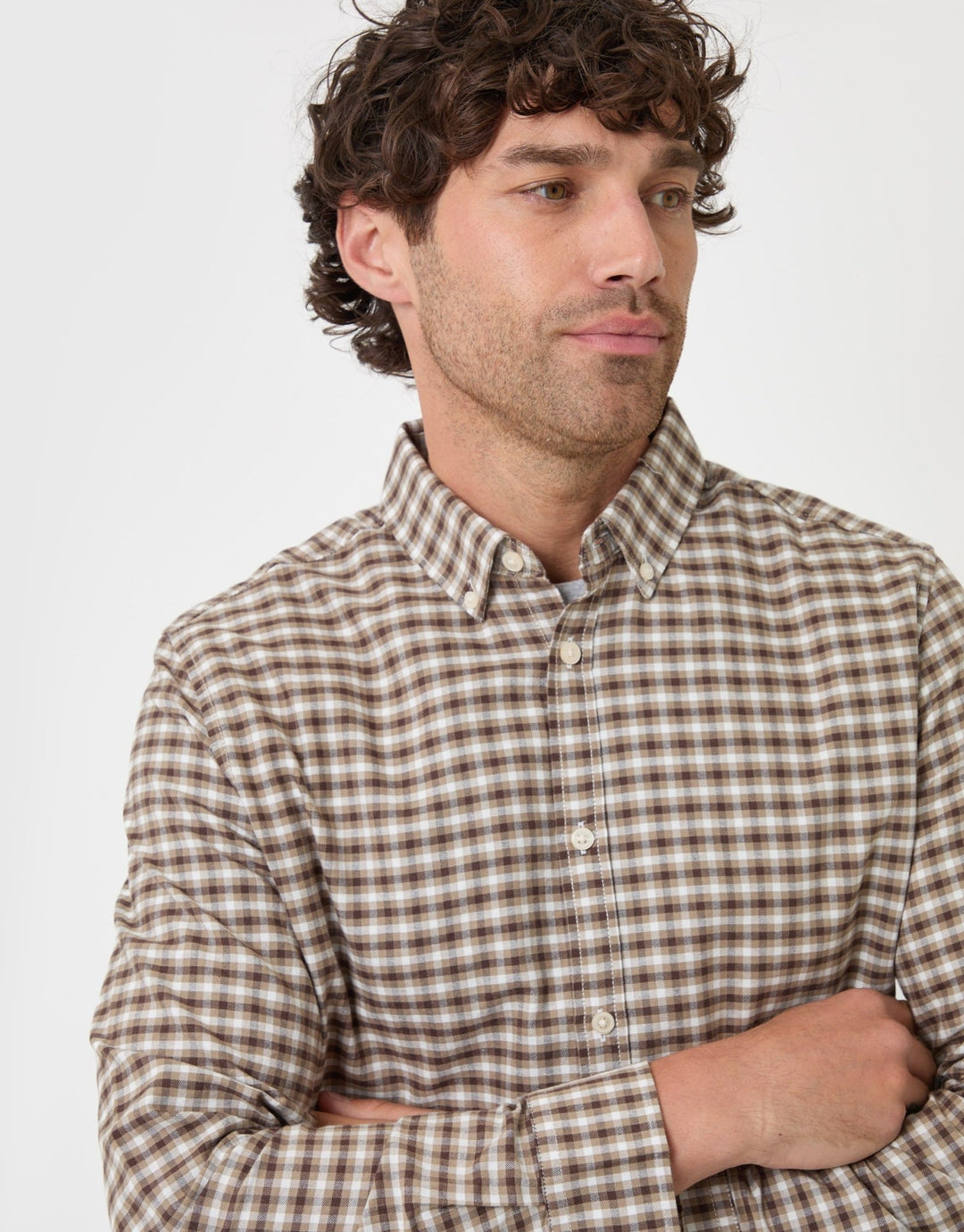 Threadbare Regular Fit Cotton Oxford Shirt in Tan Check - close up