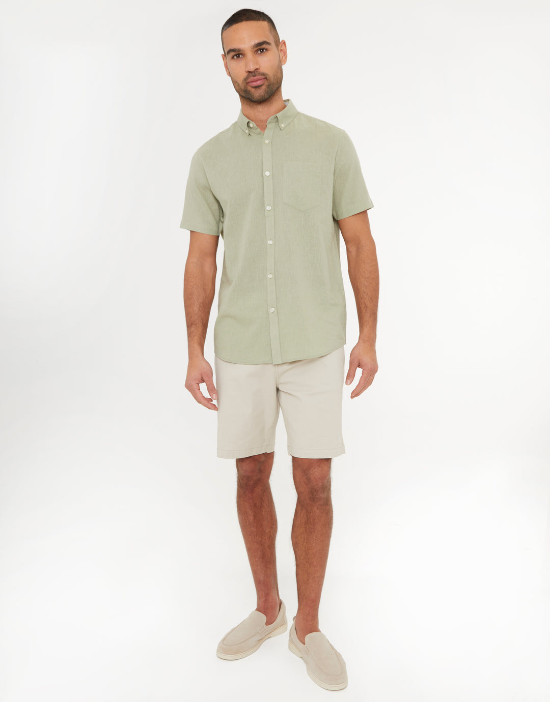 Olive Green Short Sleeve Linen Blend Shirt