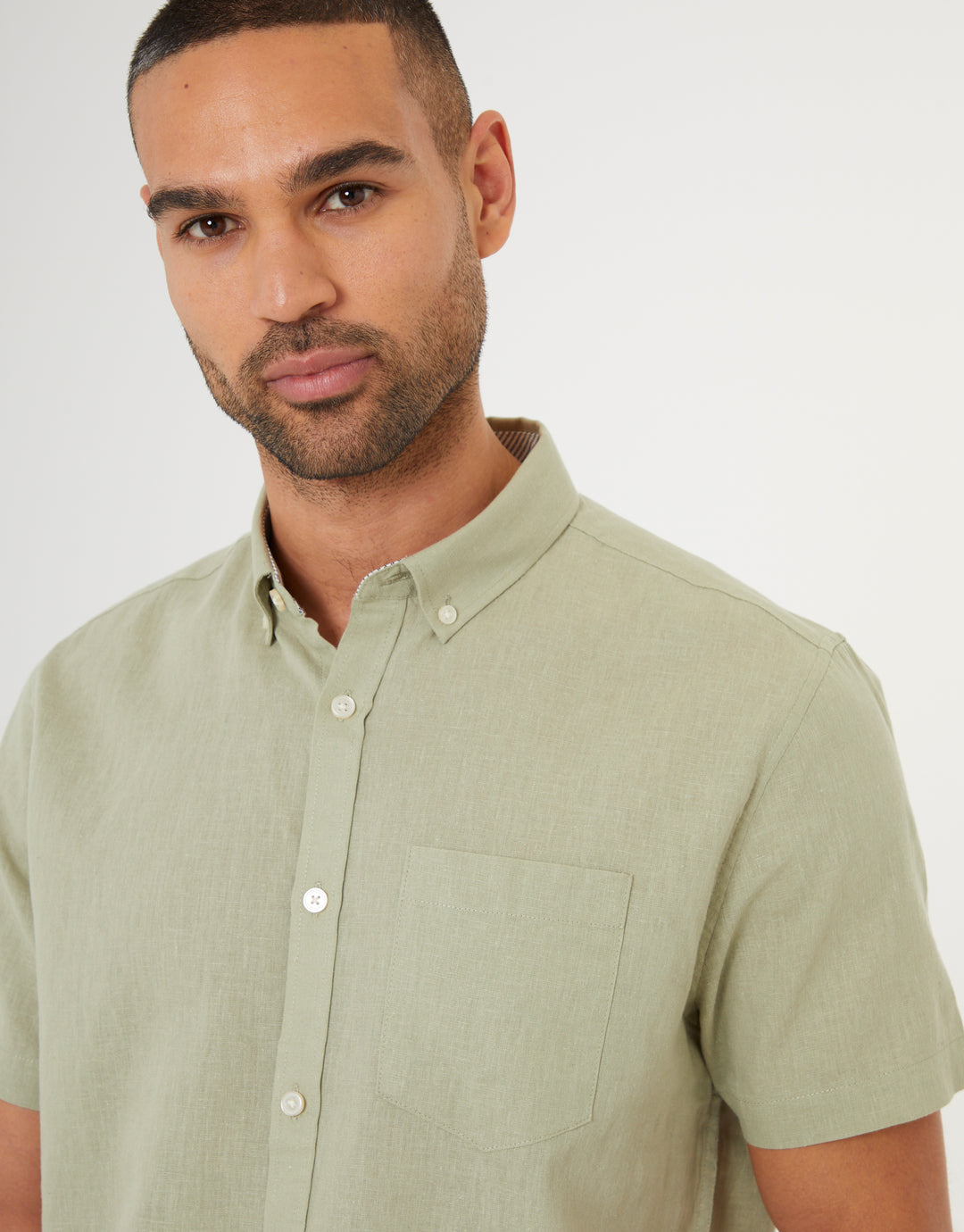 Olive Green Short Sleeve Linen Blend Shirt