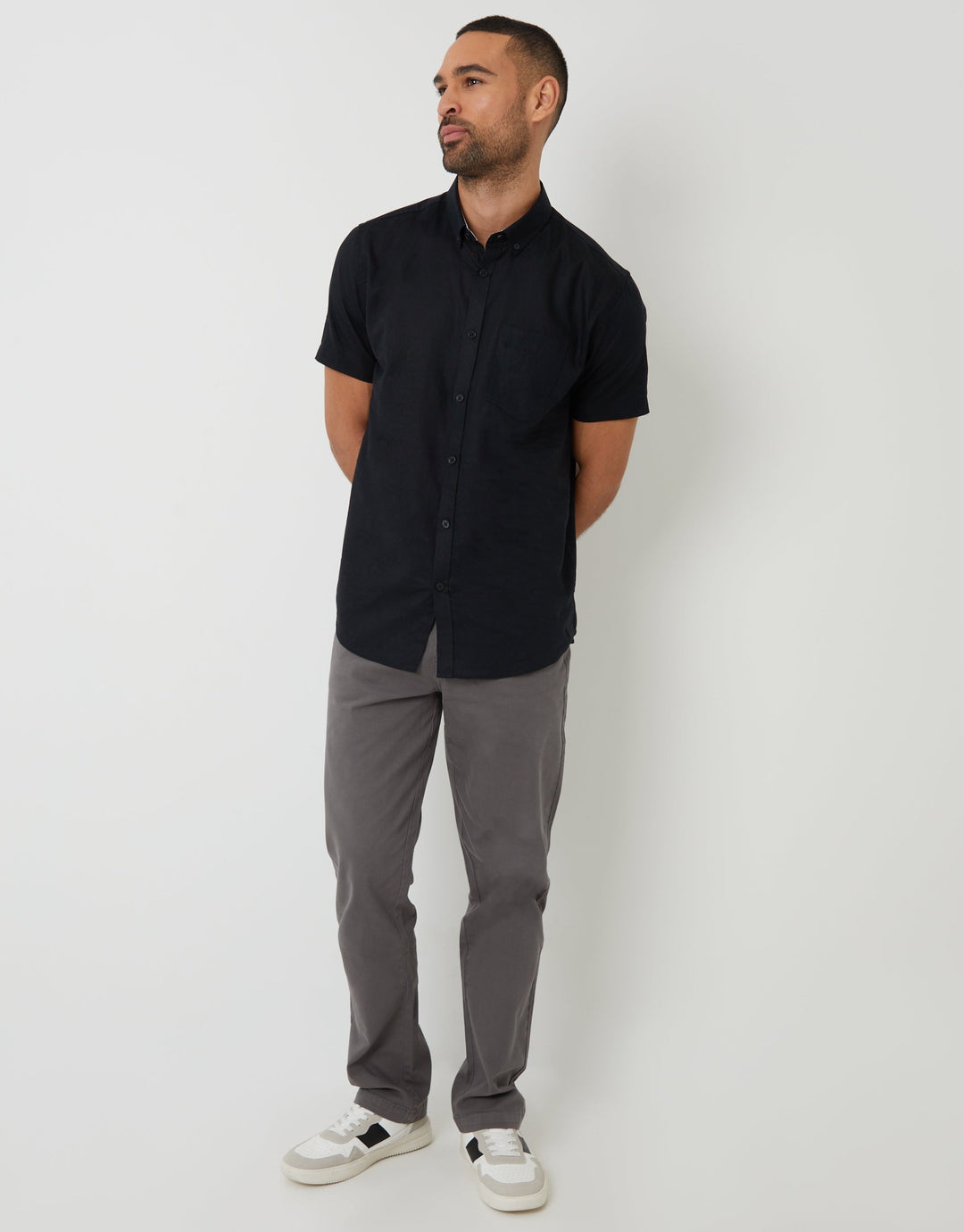 Short Sleeve Linen Blend Shirt in Black