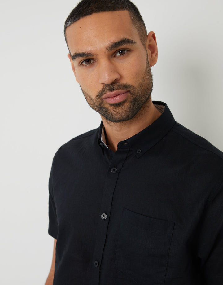 Short Sleeve Linen Blend Shirt in Black