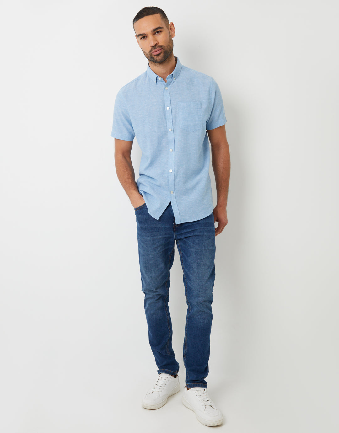 Denim Blue Short Sleeve Linen Blend Shirt
