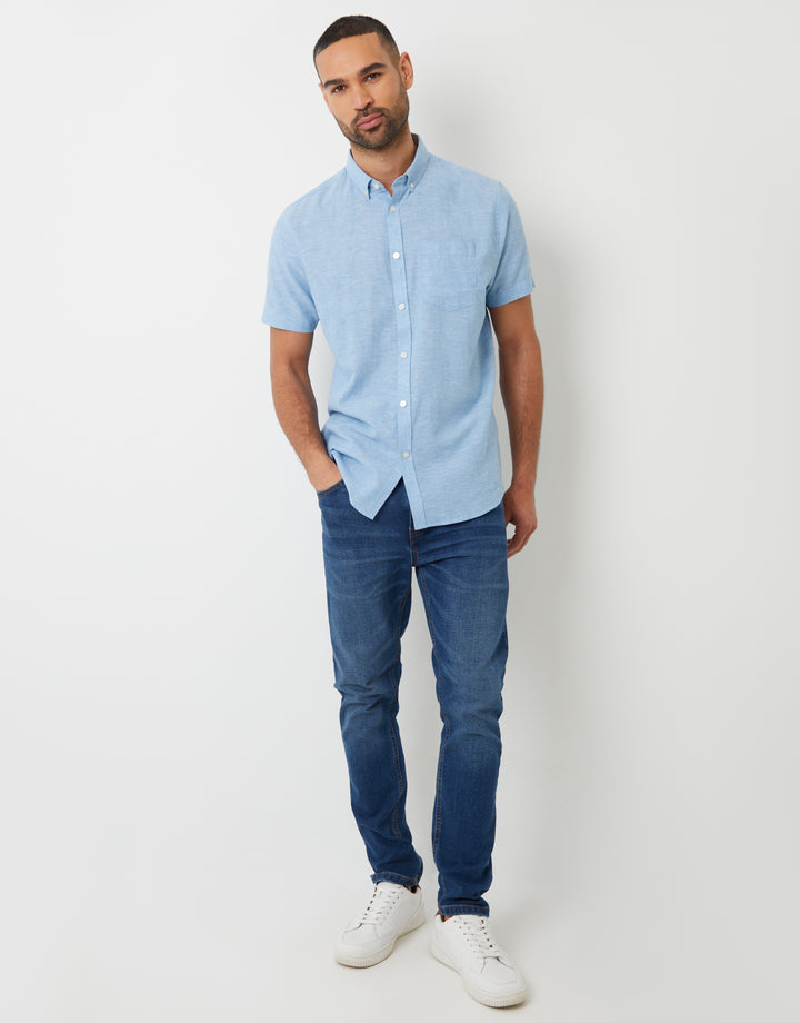 Denim Blue Short Sleeve Linen Blend Shirt