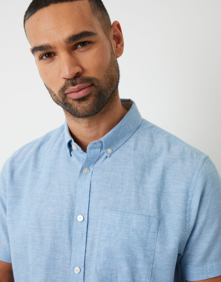 Denim Blue Short Sleeve Linen Blend Shirt