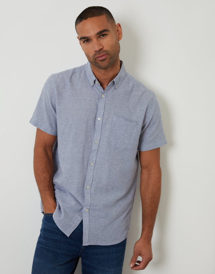 Denim Blue Short Sleeve Linen Blend Shirt